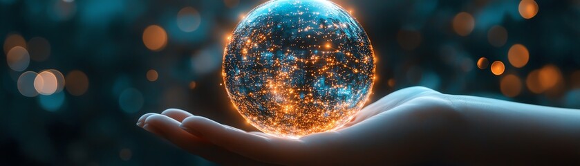 Poster - A glowing digital sphere in the hand, representing the integration of global networks, digital ecosystems, and the flow of information across platforms