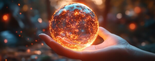 Poster - A glowing digital sphere in the hand, representing the integration of global networks, digital ecosystems, and the flow of information across platforms