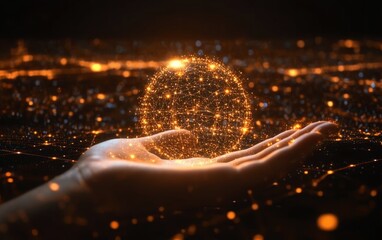 Poster - A hand gently holding a glowing digital sphere, symbolizing the power of interconnected networks, data flow, and the digital ecosystem