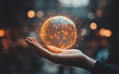 Poster - A hand gently holding a glowing digital sphere, symbolizing the power of interconnected networks, data flow, and the digital ecosystem