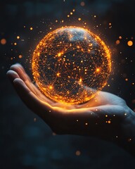 Poster - A hand grasping a glowing digital sphere, symbolizing the growth of interconnected networks and the interconnected digital ecosystem