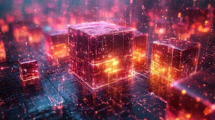 Poster - Surreal Digital Painting of Floating Cubes in a Vibrant Abstract Environment with Glowing Lights and 3D Elements for Imaginative Visual Concepts