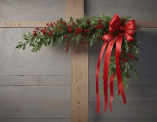 Festive garland with holly berries and red ribbons wrapped around a wooden dowel, rustic charm, holly berries