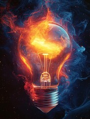 Poster - Abstract Illustration of Flowing Energy in a Light Bulb with Vibrant Flames and Swirling Colors Creating a Striking Visual Effect