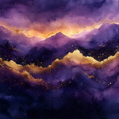 Poster - Stunning Hand-Painted Watercolor Artwork Featuring a Dreamy Purple and Gold Landscape with Fluid Brushstrokes and Ethereal Textures
