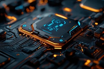 Poster - A close up of a computer chip with a blue and orange glow
