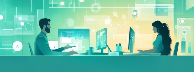 Poster - Collaboration Between Two Professionals in a Futuristic Workspace, Discussing Innovative Ideas While Surrounded by Digital Screens and Data Visualizations