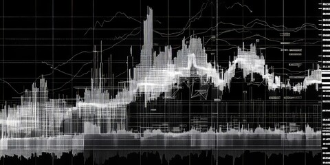 Poster - Data Visualization Showcases Dynamic Market Trends Through Intricate Line Graphs and Bar Charts in a Striking Black and White Design