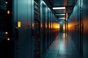 Poster - A long hallway with many computer servers