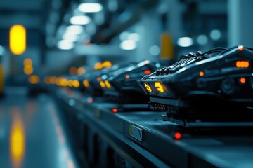 Poster - A row of black electronic devices with yellow buttons