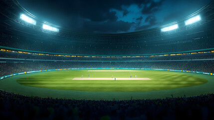 vibrant cricket stadium aglow with fans in nocturnal view, part of contemporary sports complex in 3d