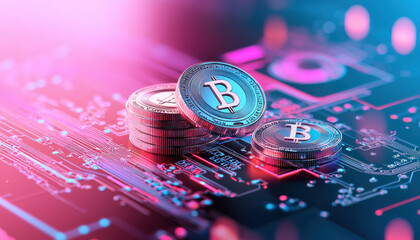 Poster - Digital wallet with Bitcoin coins on circuit board background