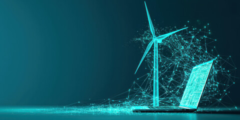 Poster - Digital wind turbine connected to laptop, showcasing renewable energy