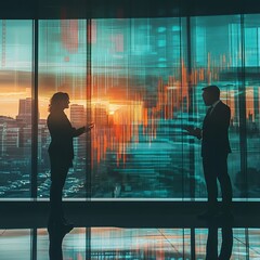 Poster - Dynamic Business Discussion Unfolds at Sunset as Professionals Engage in Strategic Planning Against a Backdrop of Data Visualization