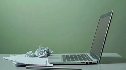 Poster - Creative Chaos Unfolds as a Laptop Rests Beside Crumpled Papers, Reflecting the Struggle of Inspiration in a Minimalist Workspace