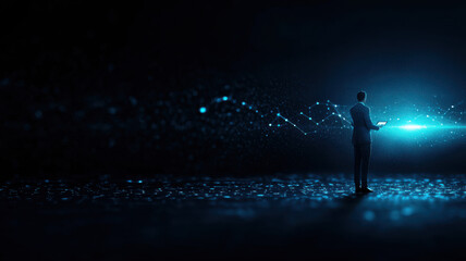 Poster - businessman interacting with digital data in dark environment
