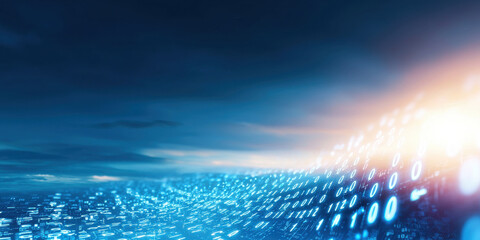 Poster - digital landscape with glowing binary code and bright horizon