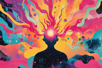 Poster - A colorful painting of a person with a glowing head