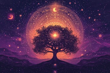 Wall Mural - A tree is surrounded by a glowing circle and stars