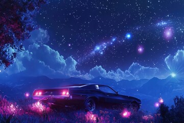 Wall Mural - A car is parked in a field of flowers and stars
