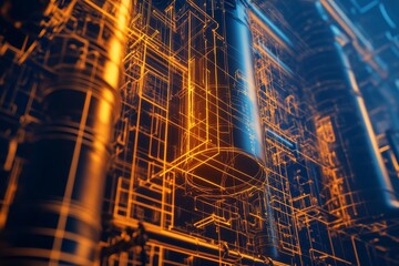 Aufkleber - Exploring the Intricate Beauty of a Futuristic Network of Glowing Circuitry and Cylindrical Structures in a Mesmerizing Digital Landscape