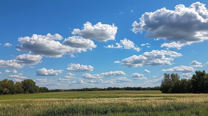 Poster - Bright blue sky stretches endlessly above a landscape filled with fluffy white clouds, casting shadows over the lush green and golden fields, creating a tranquil afternoon atmosphere