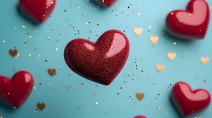 Poster - Elegant 3D of floating Valentine s Day heart ornaments surrounded by shimmering golden glitter and sparkles on a neutral background