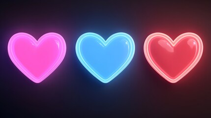Poster - Captivating heart symbols in a mesmerizing neon glow set against a dark background with a striking 3D that exudes modern elegance and technological allure