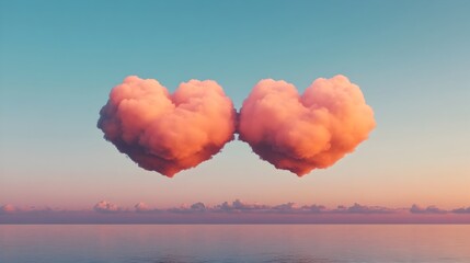Poster - Mesmerizing 3D depicting two heart shaped clouds gently merging against a vibrant colorful sunset sky  This whimsical ethereal scene evokes a sense of romance love and tranquility