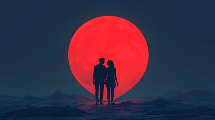 Poster - Romantic silhouette of a couple embracing under a heart shaped moon in a serene atmospheric evening landscape  3D with a dreamy minimalist style