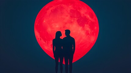 Poster - Silhouetted couple embracing under a heart shaped moon in a romantic evening landscape scene 3D digital with a minimalist atmospheric and conceptual style