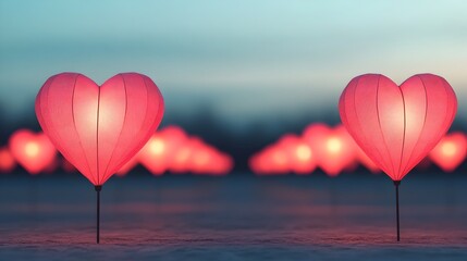 Poster - Enchanting heart shaped lanterns illuminating a serene and peaceful path creating a captivating and mystical evening glow  A 3D of a romantic and zen like landscape