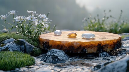 Poster - Minimalist outdoor scene featuring a small wooden circular platform on a smooth stone surface with a few polished gemstones in simple colors like white amber and light blue