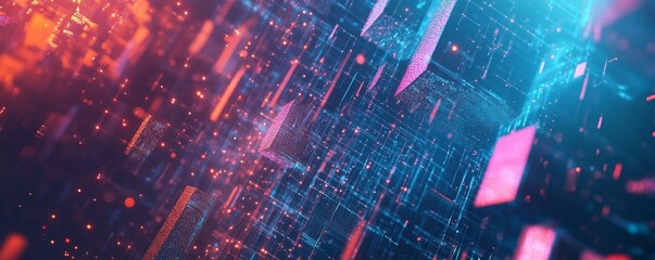 Poster - Vibrant Digital Landscape Showcasing a Futuristic Data Flow With Glowing Particles and Interconnected Blocks in a Dazzling Array of Colors