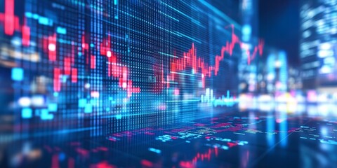 Poster - Dynamic Cityscape Illuminated by Vibrant Financial Data Charts Reflecting Trends in Stock Market Activity During Twilight Hours