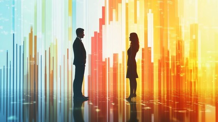 Poster - Silhouettes of Two Professionals Exchanging Ideas Amidst a Vibrant Cityscape of Data Visualizations at Twilight in a Modern Business Environment