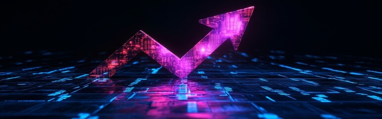 Poster - Dynamic Growth Arrow Illuminated in Vibrant Colors Representing Technological Advancement and Progress in a Digital Landscape