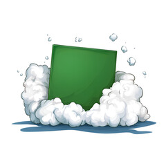 Poster - Bright green square bursting through clouds of white vapor in a playful art style