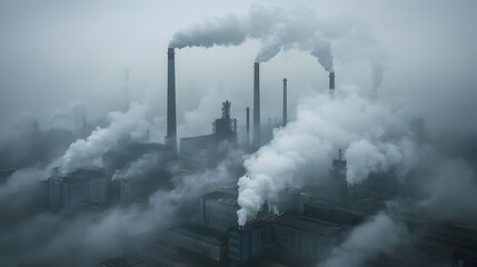 Poster - aerial view of a sprawling industrial complex emitting large clouds of smoke