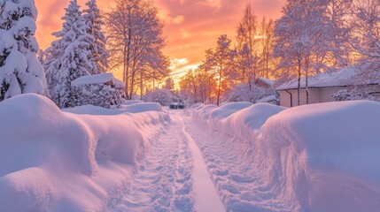 Aufkleber - A snow-covered pathway stretches into the distance, flanked by snow-laden trees. The vibrant hues of sunset illuminate the wintry landscape, creating a serene and enchanting atmosphere