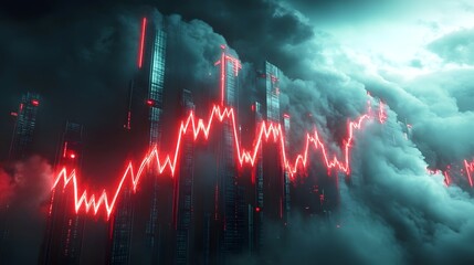 Poster - A futuristic financial chart with a sharp inverted yield curve, glowing red arrows signaling economic instability, dark storm clouds looming overhead