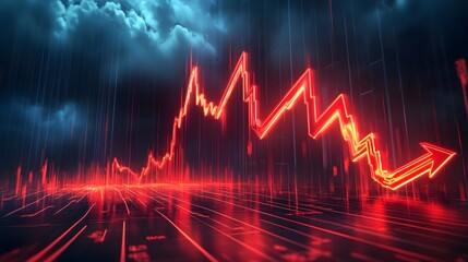 Poster - A futuristic financial chart with a sharp inverted yield curve, glowing red arrows signaling economic instability, dark storm clouds looming overhead