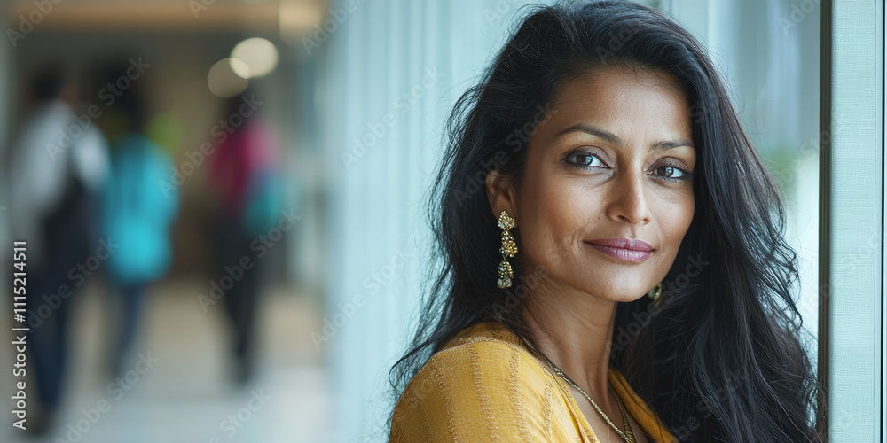 Portrait of an attractive Indian woman in her late thirties, with long ...