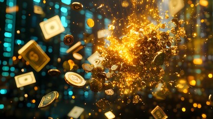 Poster - An asset liquidity scene with a golden sculpture shattering into coins, each plece converting instantly to glowing cash, under a dynamic stock market display