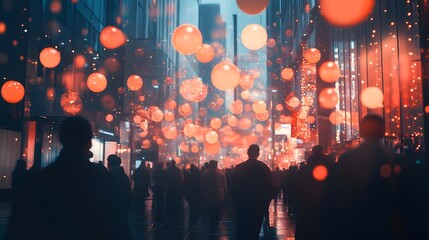 Wall Mural - A group of people are walking down a street with a lot of lights and a blurry background. Scene is lively and energetic, with the bright lights