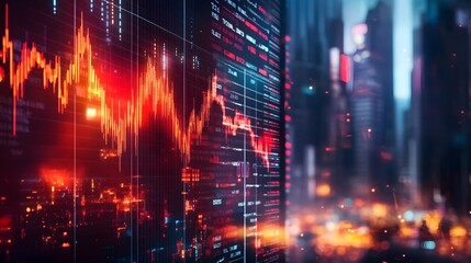Poster - The collapse of a stock market on fire, with traders in panic mode, screens showing steep declines and flashing red numbers, amidst a futuristic city backdrop
