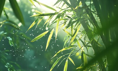 Wall Mural - A serene close-up of bamboo leaves illuminated by soft sunlight, with droplets glistening in the air, creating a tranquil atmosphere.