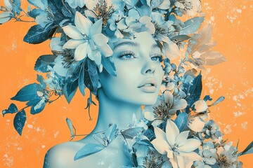 Sticker - Calm blue-toned woman surrounded by vibrant flowers, embodying serenity and nature's beauty, with an orange background enhancing floral elements.