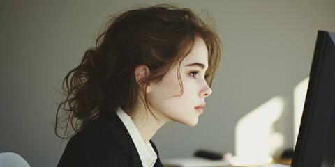 Poster - young woman with focused expression works at computer in softly lit office environment, her hair styled in loose updo