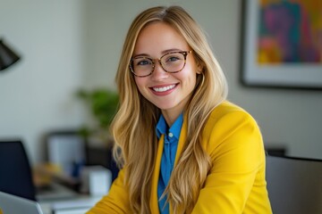 Young professional woman long blonde hair glasses yellow blazer blue shirt smiling working on laptop